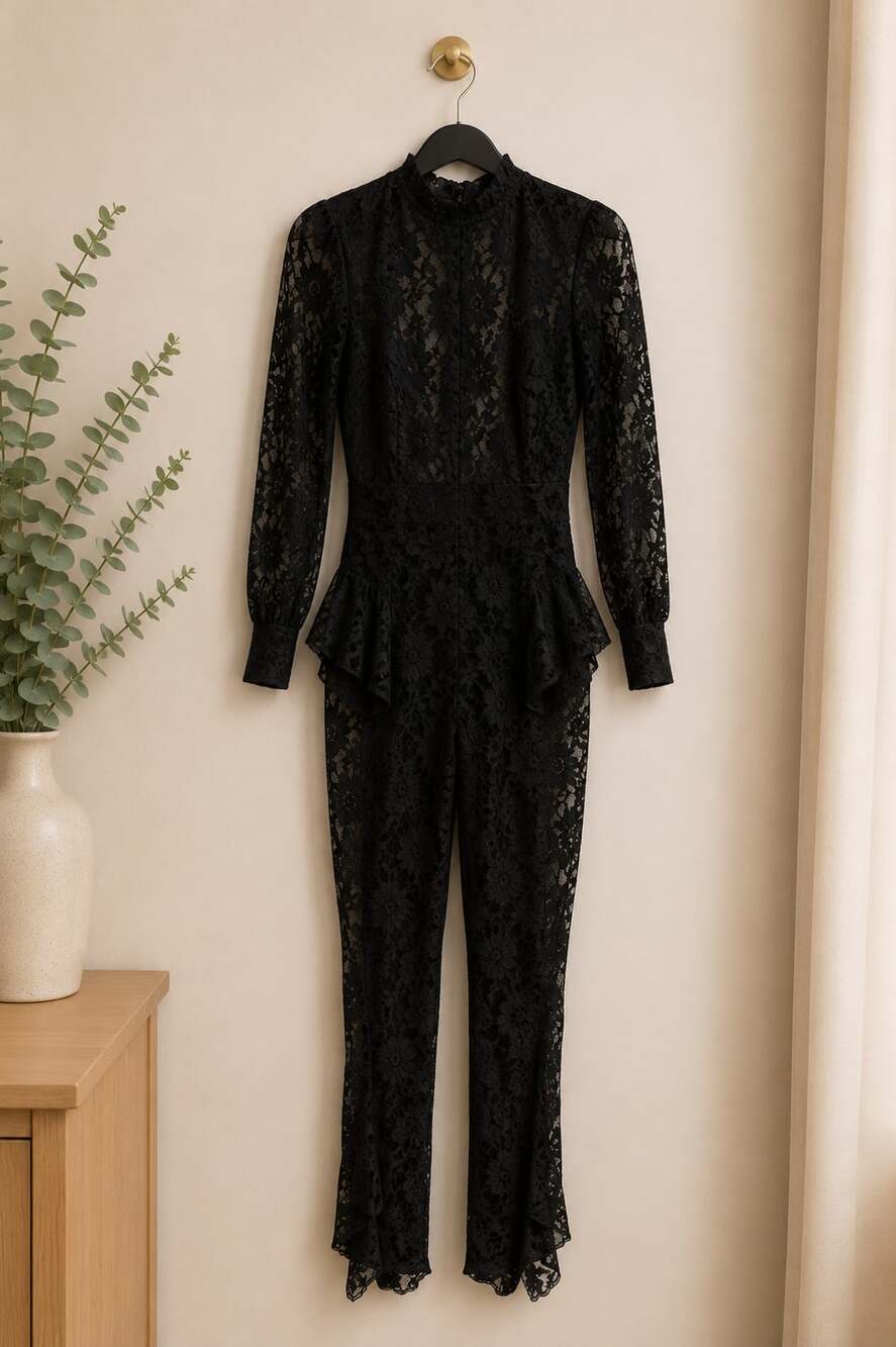 Black Lace Long Sleeve Ruffle Detail Jumpsuit